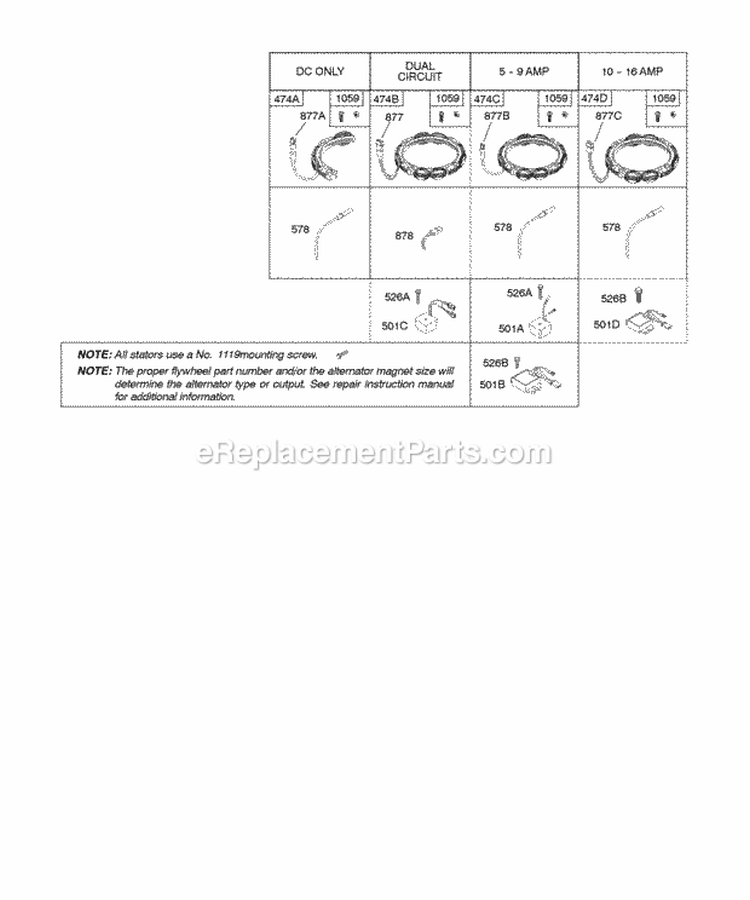 Alternator Diagram and Parts List for 21A907-0150-E9  Briggs and Stratton Engine